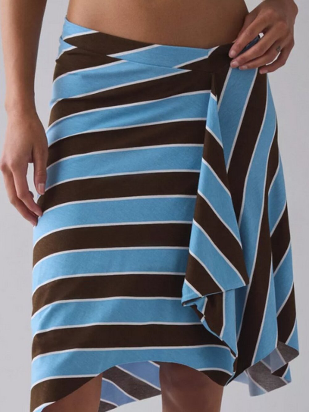 Retro Blue Stripe Asymmetric Ruffle Low-Rise Knee Length Skirt